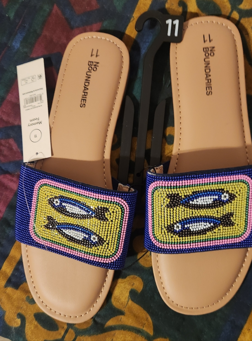 No Boundaries Women's Pink & Blue Beaded Fish Slide Sandals